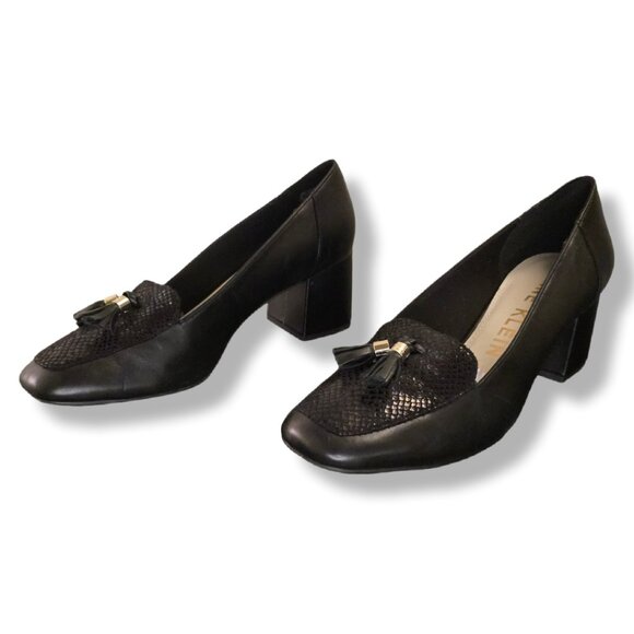 Anne Klein Leather Square Toe 2.5" Block Heel Loafer Slip On Style Pumps - Picture 2 of 11